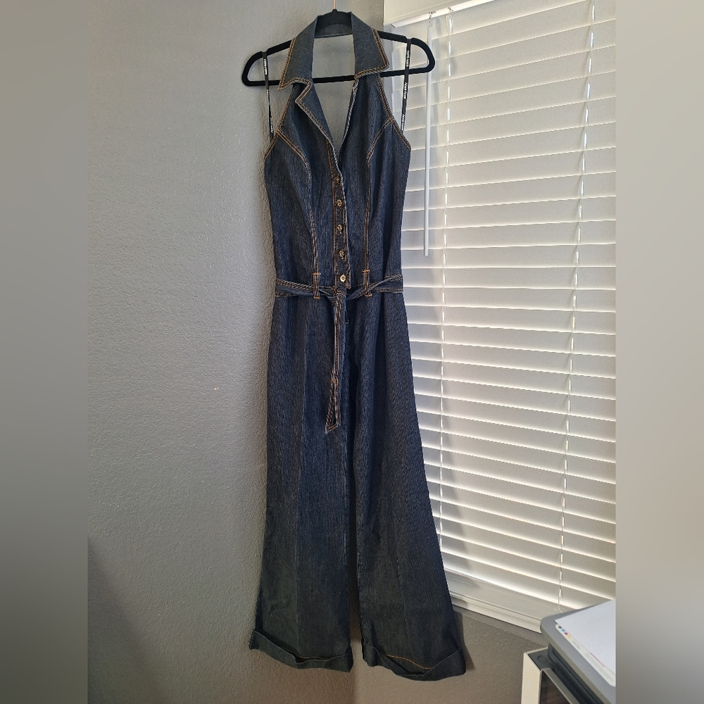 Bisou Bisou halter neck denim jumpsuit